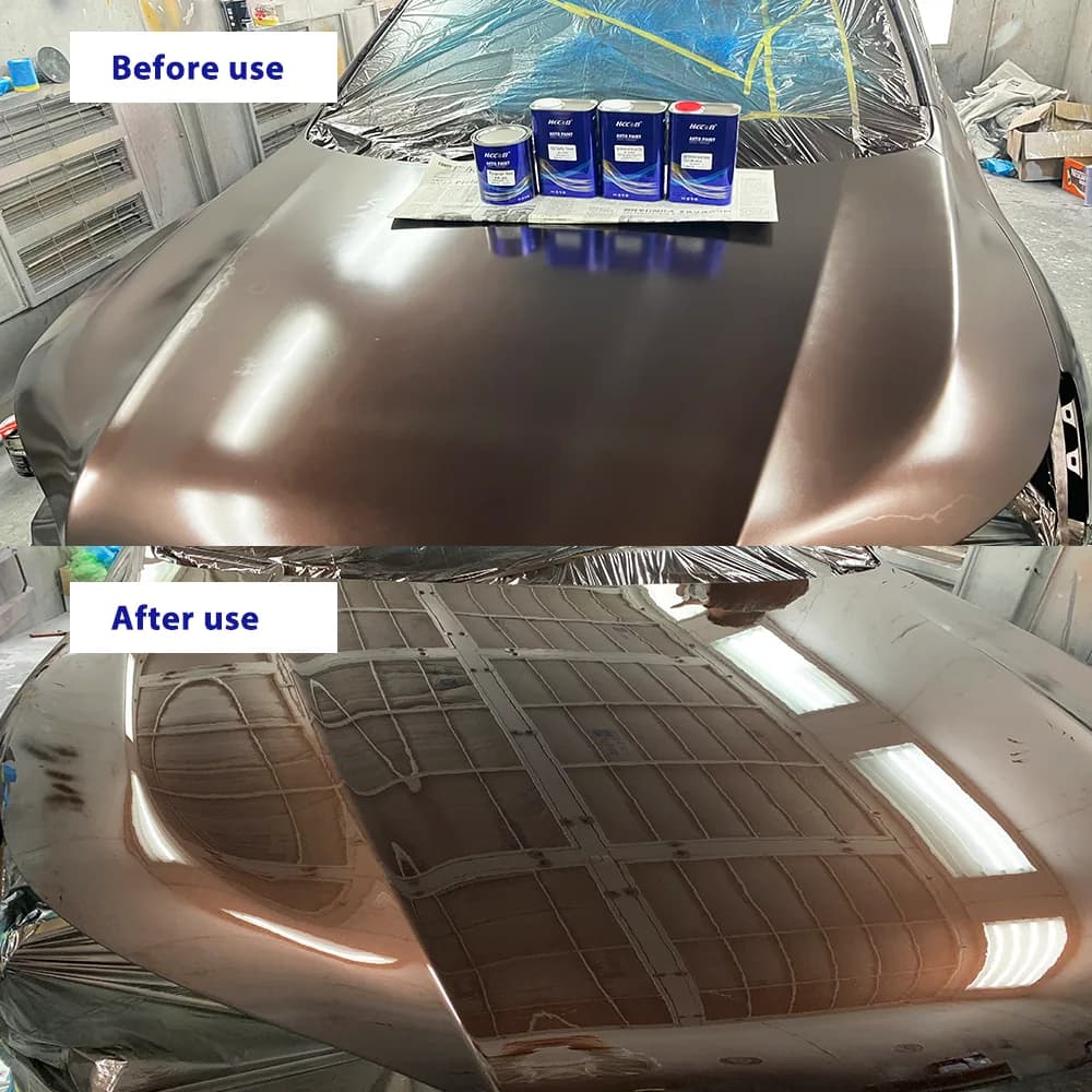 Car panel before and after 2K automotive refinish paint application